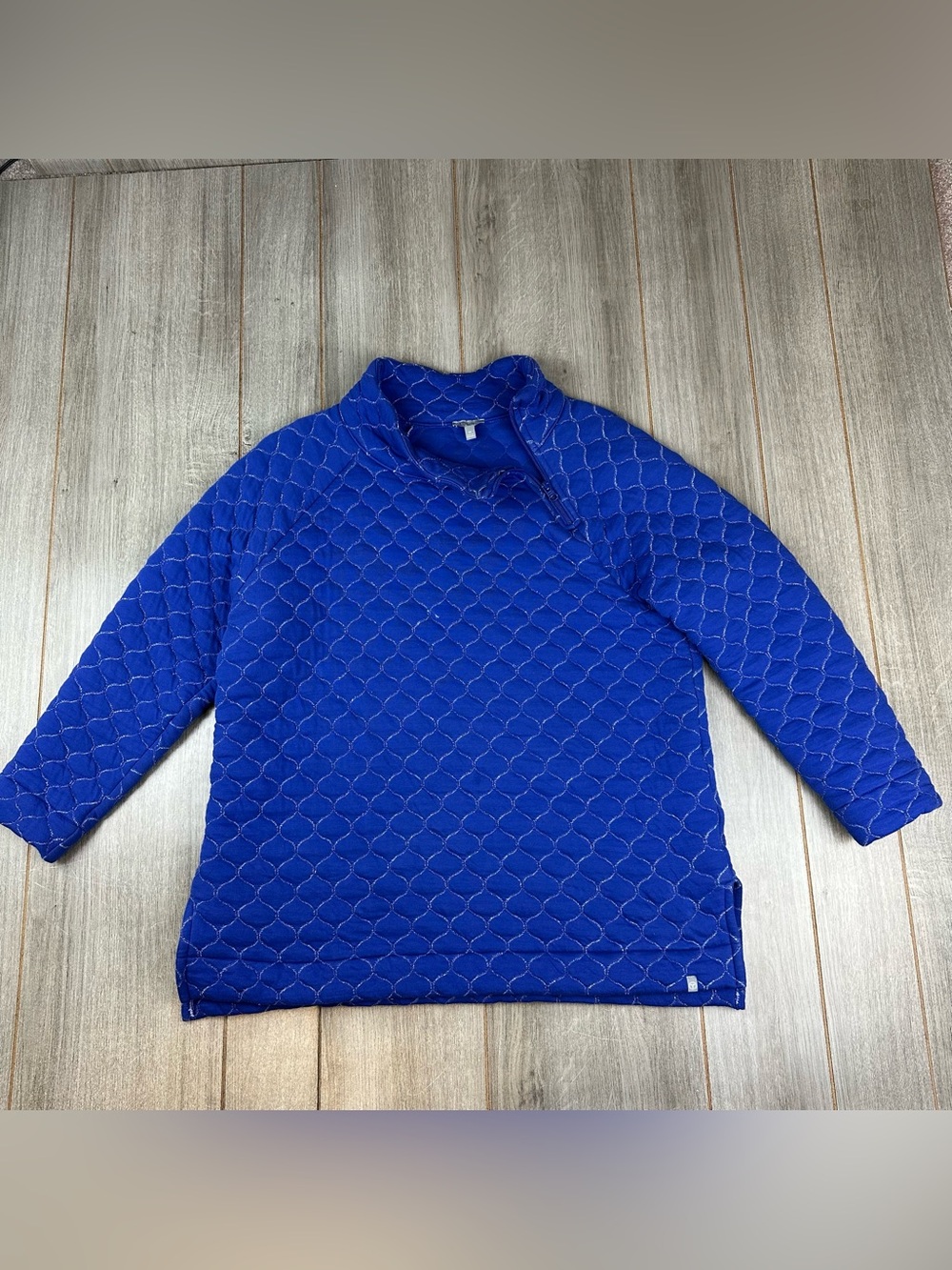 T By Talbots Soft Quilted Blue Metallic Pullover Sweatshirt Zip Collar Plus 1X